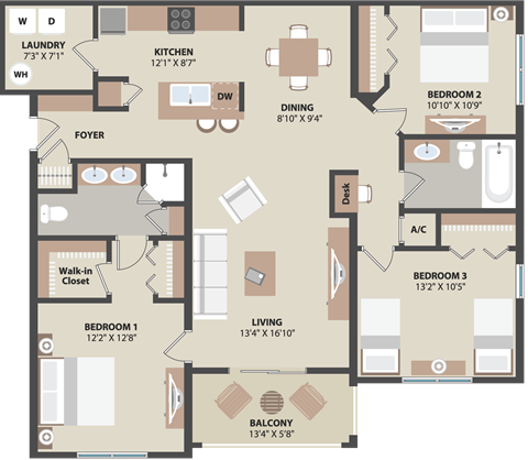 Floor plan for 3 beds, 2 baths, 1358 sqft